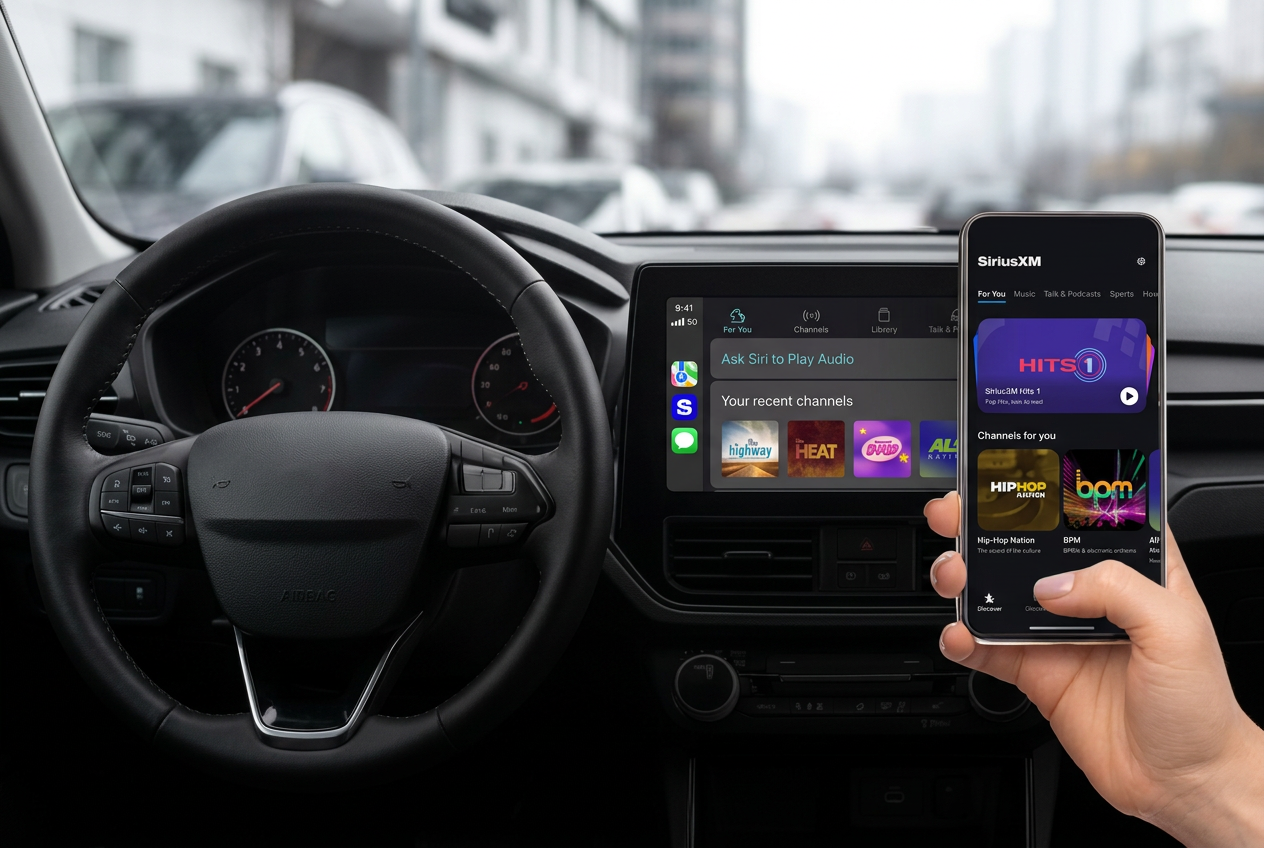 A hand holding a satellite radio app on a phone beside a car dashboard display