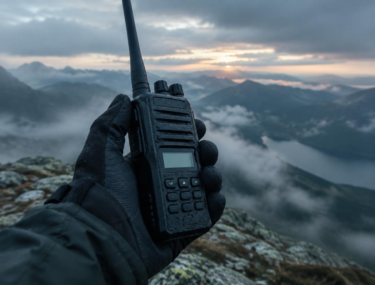 Rugged field radio used on a misty mountain ridge
